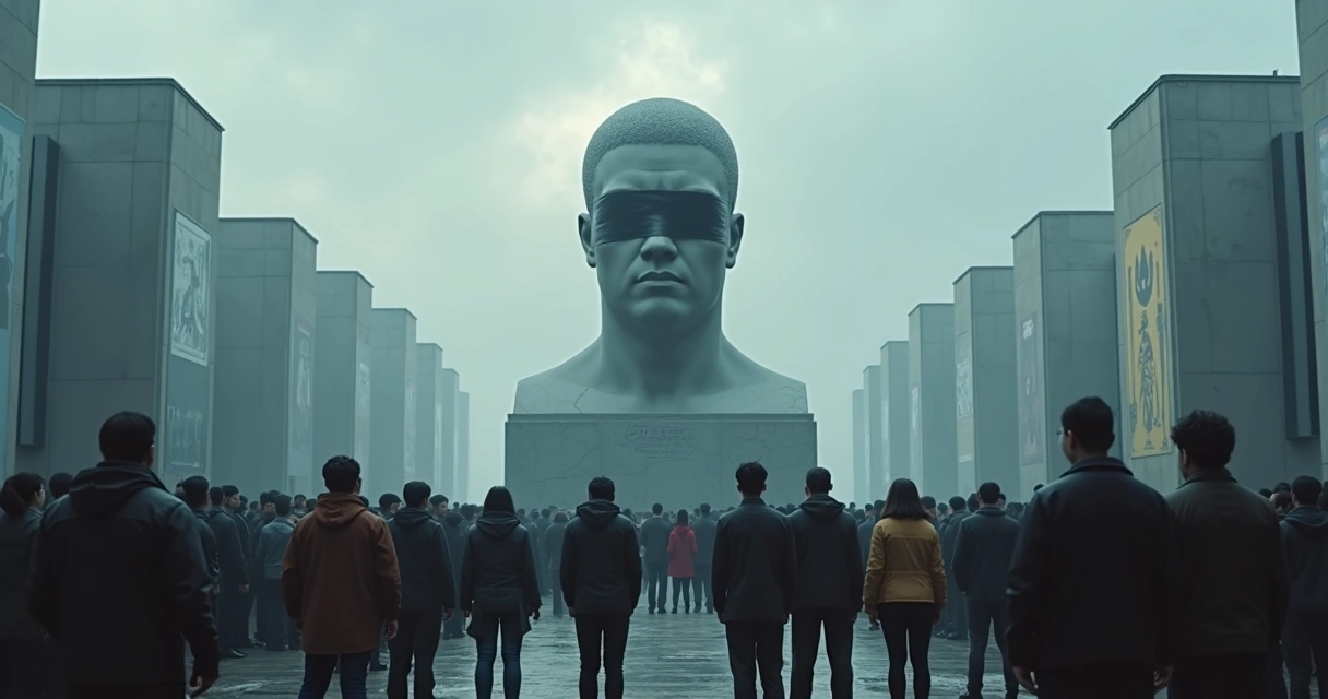 Crowd facing a giant statue with taped mouth under stormy sky 