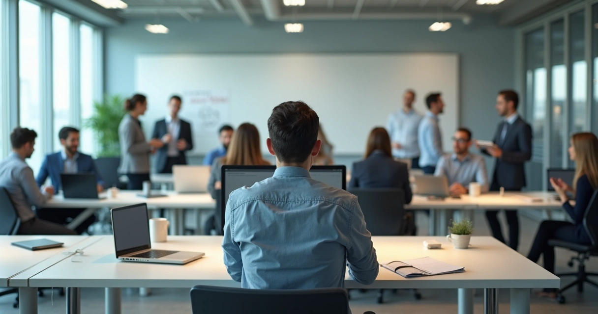 Office worker disconnected from colleagues in a modern open-plan workspace 