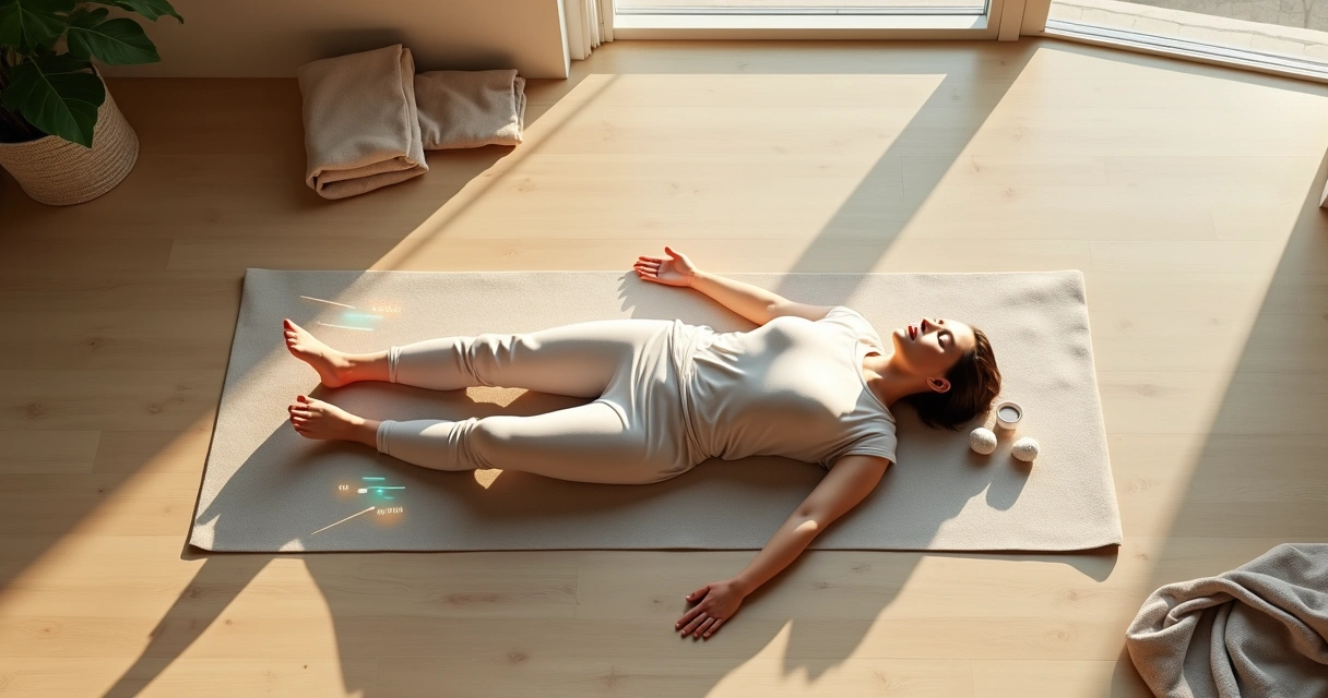 Person lying on yoga mat with subtle light map over body for mindful scan concept 