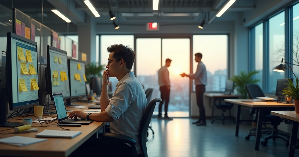 Office worker at cluttered desk facing a doorway to a calm workspace 
