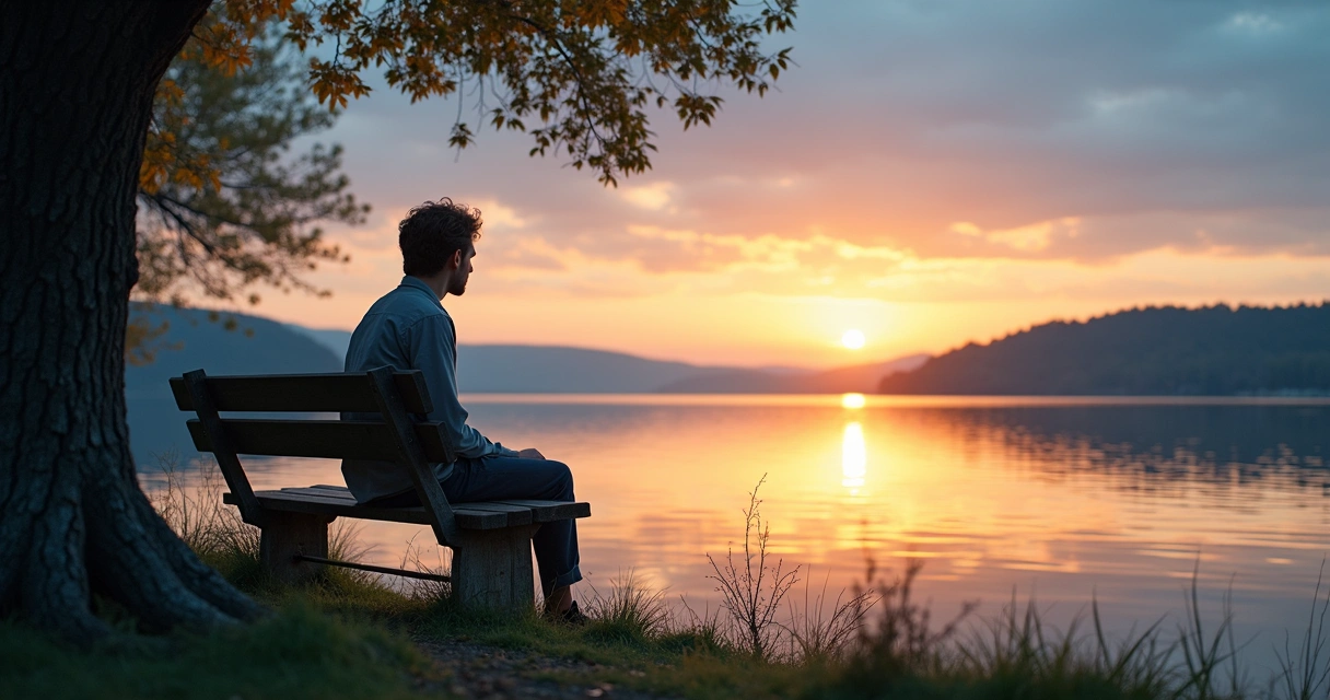 Person looking at their reflection in a calm setting 