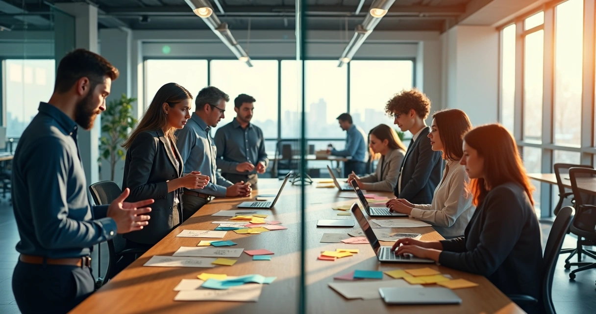 Business team separated by glass wall struggling to collaborate on innovation 