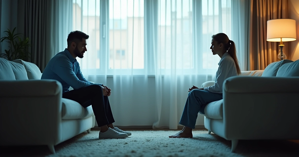 Couple sitting apart on a couch in a quiet living room