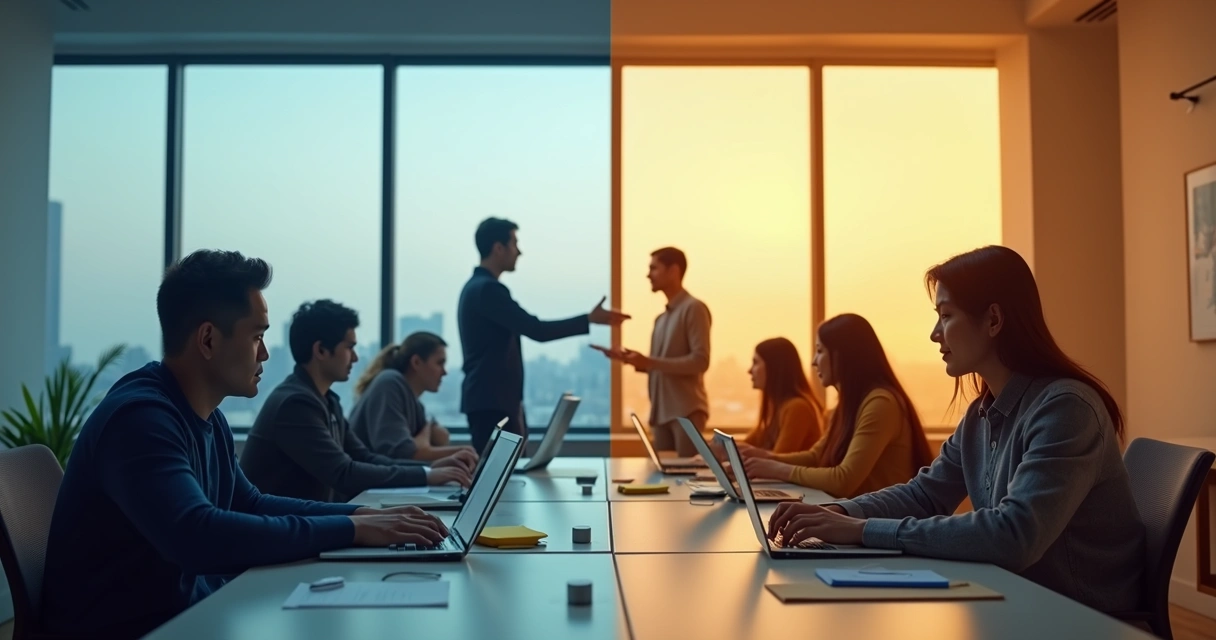 Office team split between disconnected and emotionally connected coworkers 