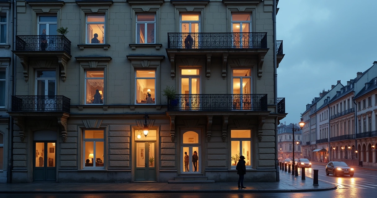 Old urban building facade blending multiple generations through transparent portraits 