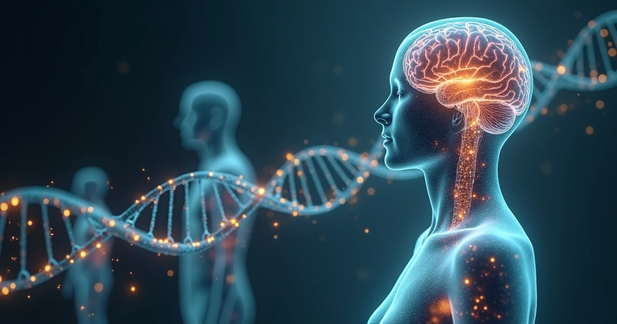 Human silhouette with brain and DNA helix showing stress patterns across generations 