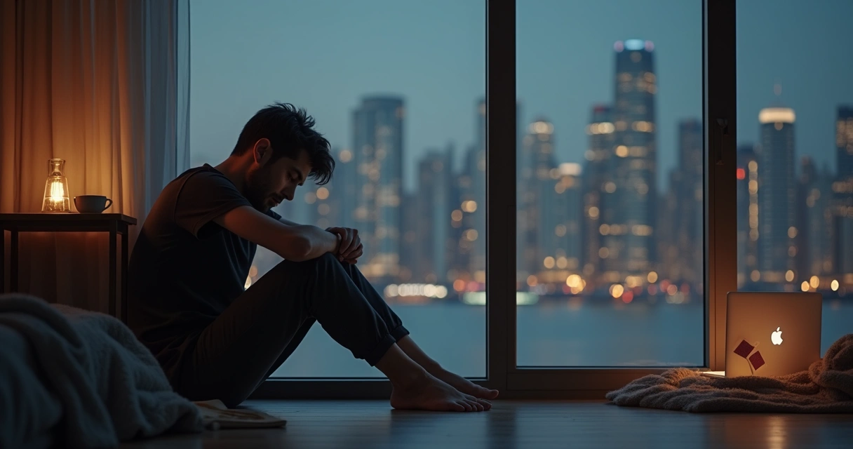 Exhausted person sitting on floor against window overlooking blurry city lights 