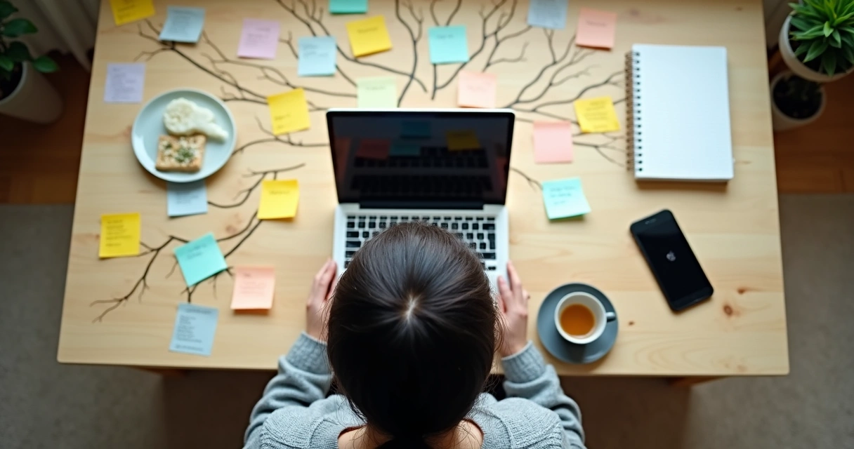 Overhead view of a tired person at a desk facing multiple branching paths made of sticky notes 