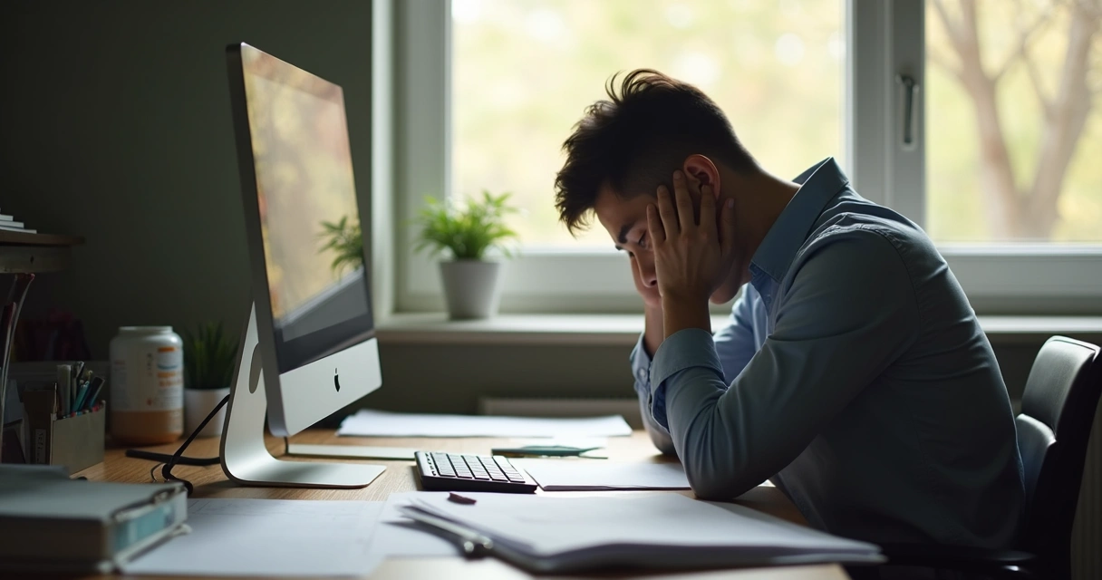Person at a desk looking tired, papers and computer in view, soft natural light, feeling emotionally drained 