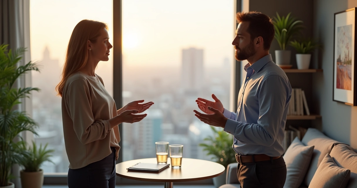 Two coworkers talking by a window with calm body language 