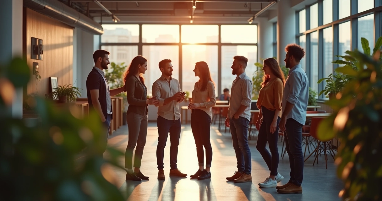 Team in a modern office giving each other supportive gestures 