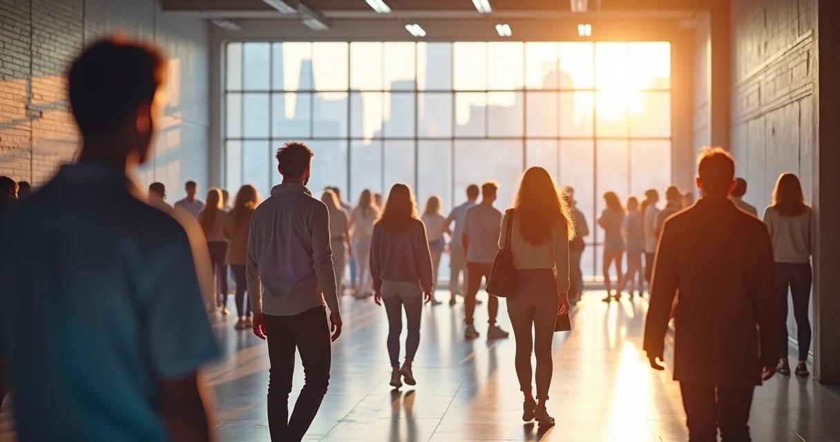 People in a shared space connected by flowing light fields 