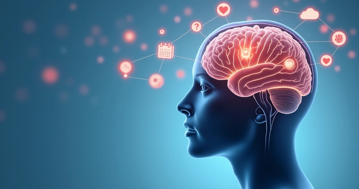Brain illustration with highlighted emotion areas and future-related symbols 