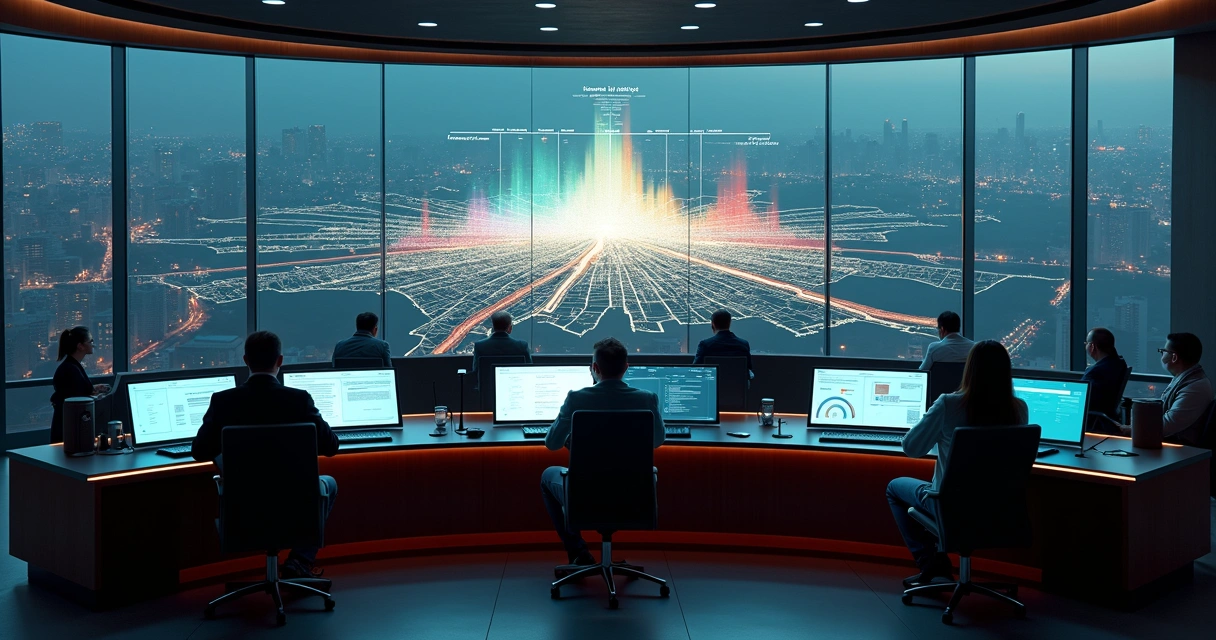 Policymakers in a control room viewing emotional data over a city map 