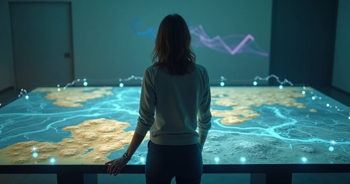 Person viewing emotional landscapes on futuristic glass map 