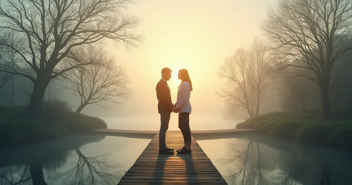 Couple on a narrow bridge blending into each other while trying to separate 