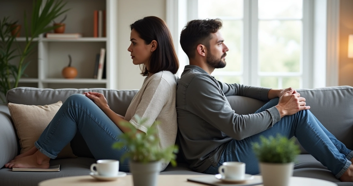 Couple sitting back to back on a sofa, close but emotionally distant 