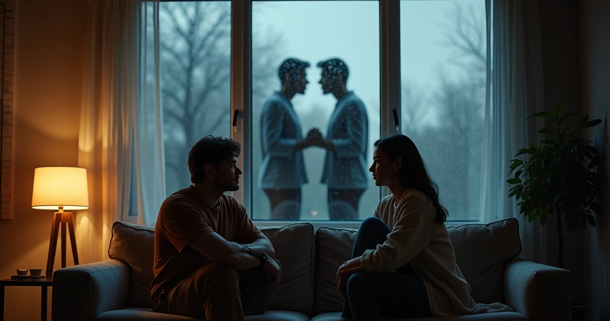 Two people reflected in a single overlapping silhouette on a rainy window 