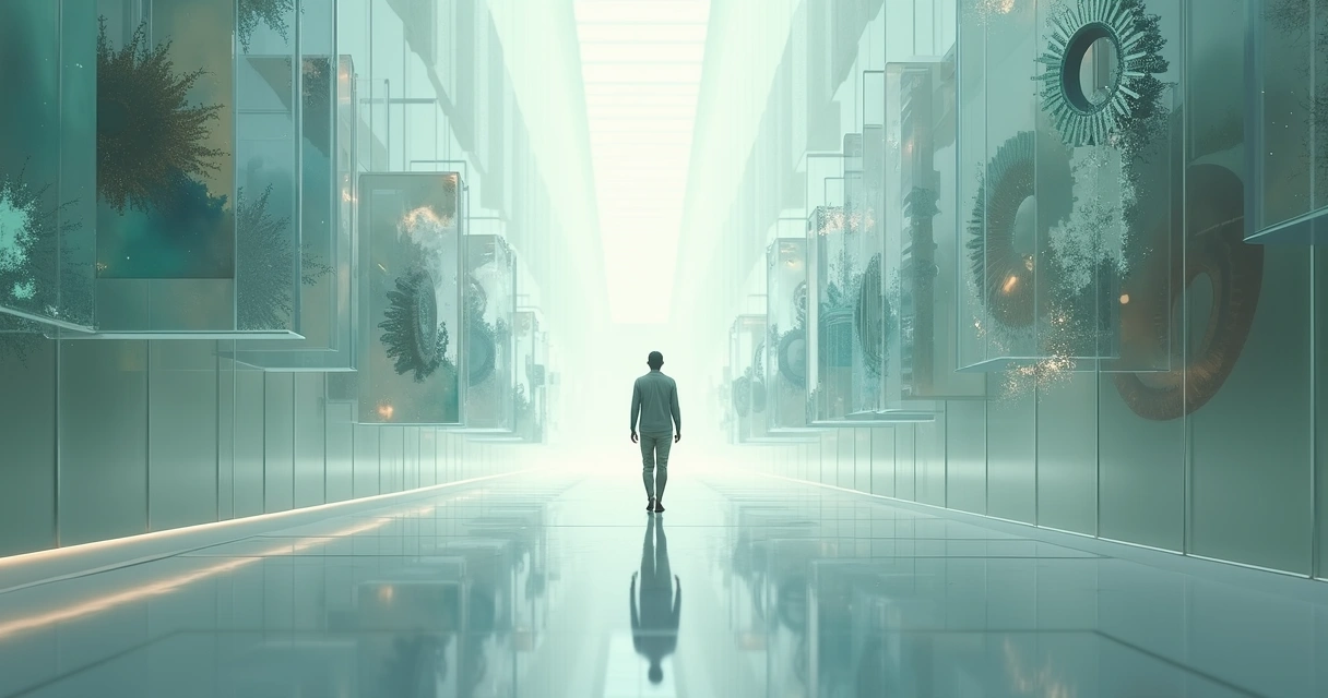 Person walking through giant transparent gears and floating choices in a minimalist hall 