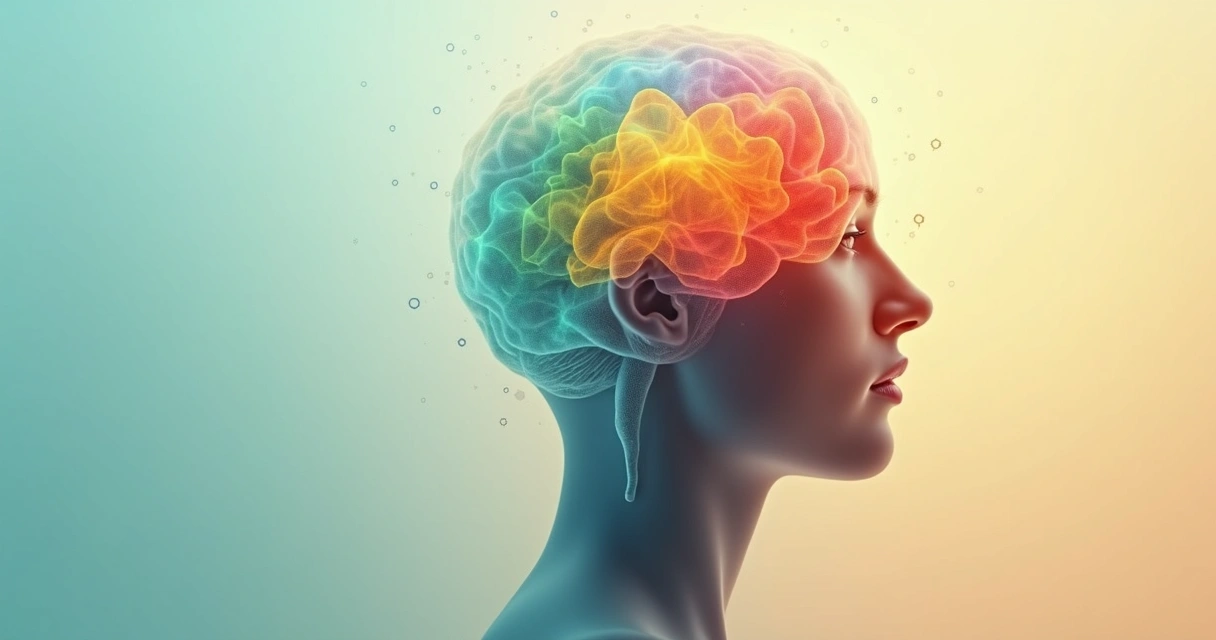 Human silhouette with colorful layered emotions inside the brain against a calm gradient background 