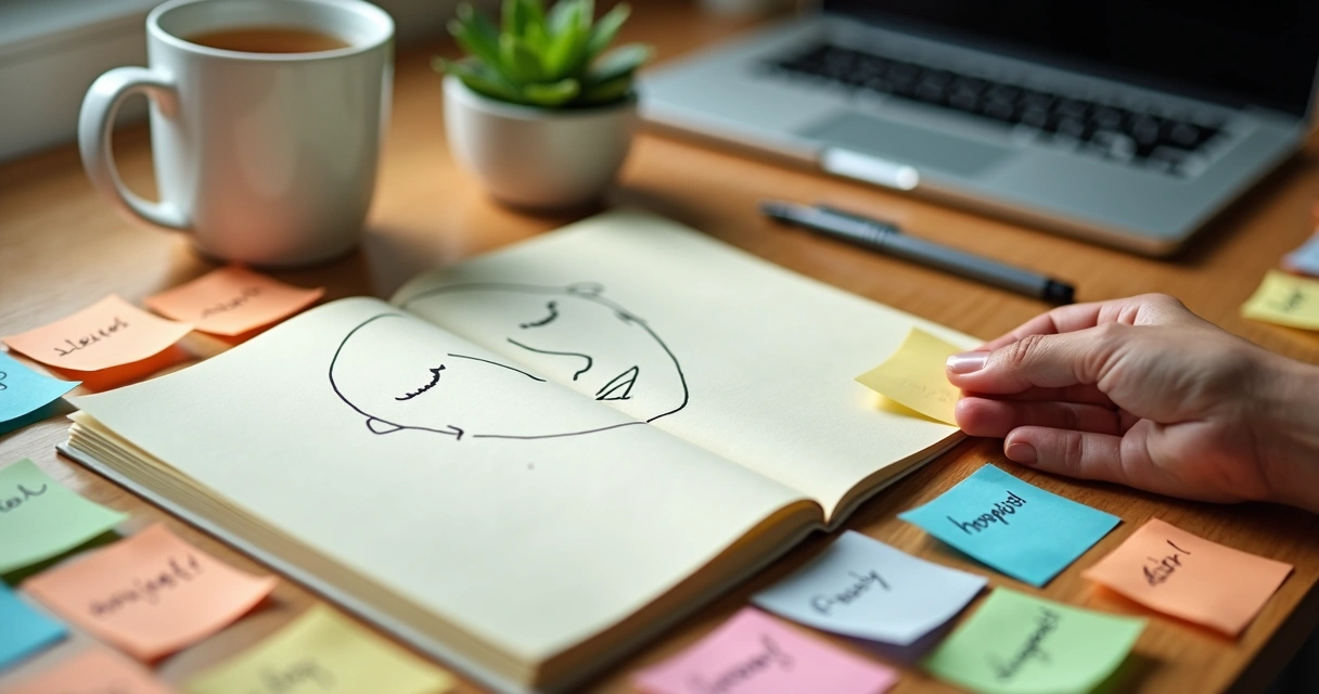 Person labeling emotions on colorful sticky notes around a calm face drawing 