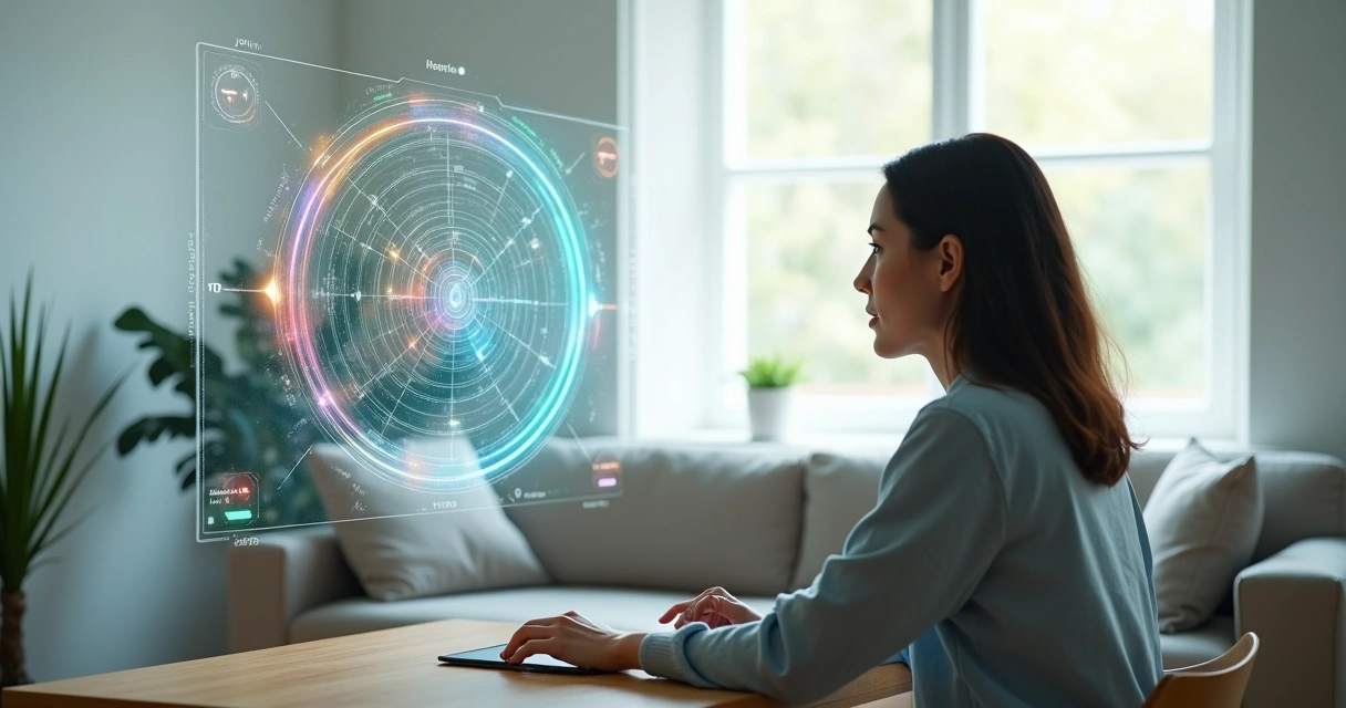 Person observing a colorful layered mind diagram in a calm futuristic workspace 