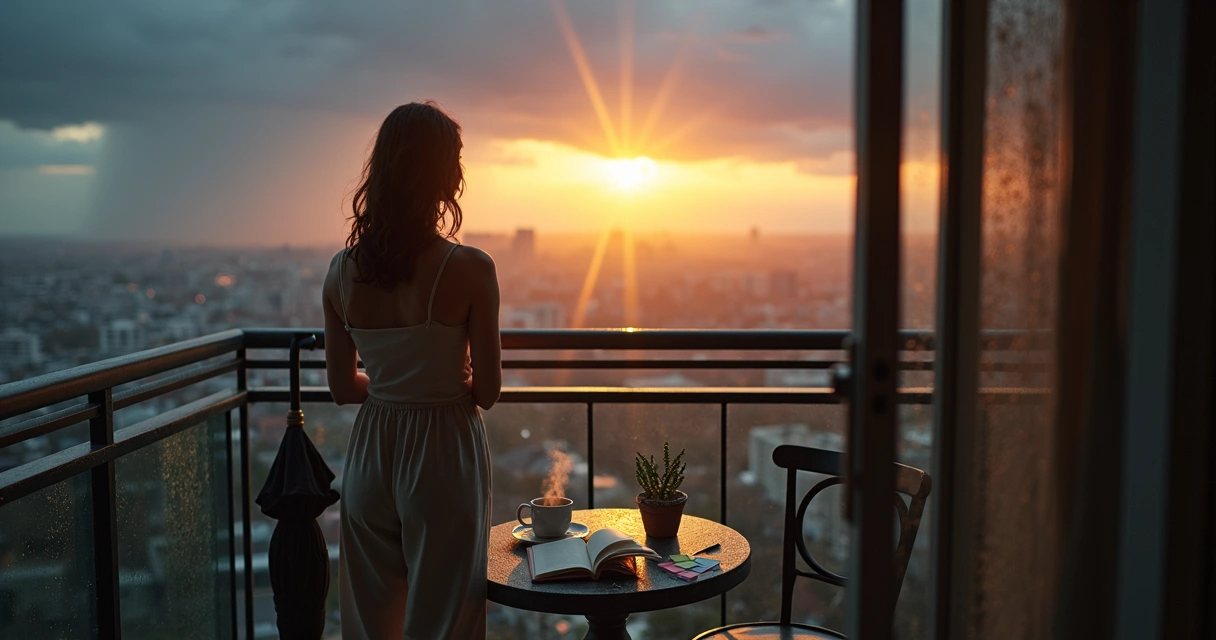 Person standing on balcony at sunrise overlooking city after storm 