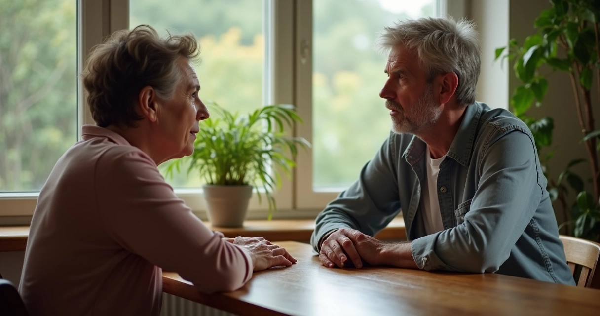 Two people sitting across from each other having a deep conversation with gentle lighting. 