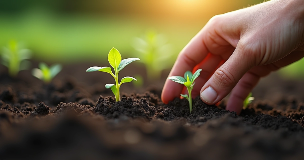 Close-up of a hand planting seeds in soil, with young shoots growing 