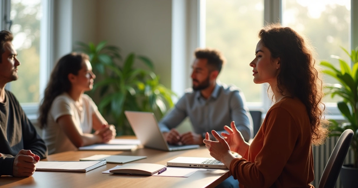 A group of diverse adults sitting together in an office, calmly discussing while one person practices mindful breathing at her desk