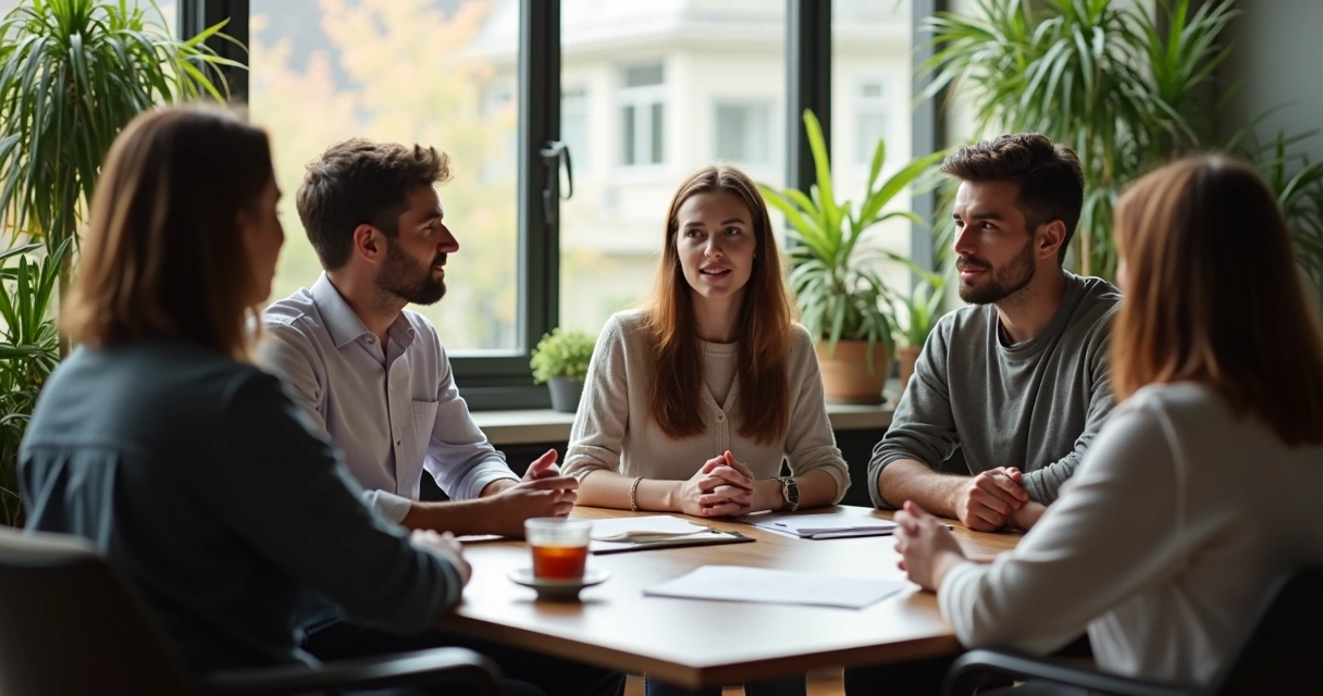 People having an open discussion, two people speaking and others listening intently 