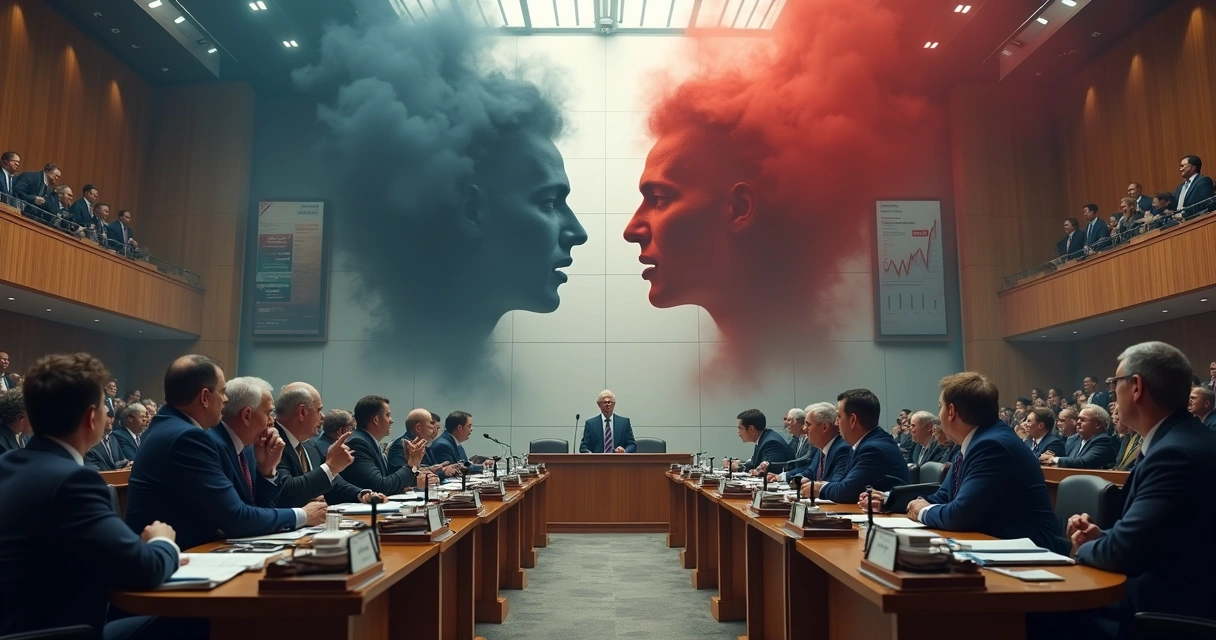 Politicians debating with emotional shadows looming over parliament 