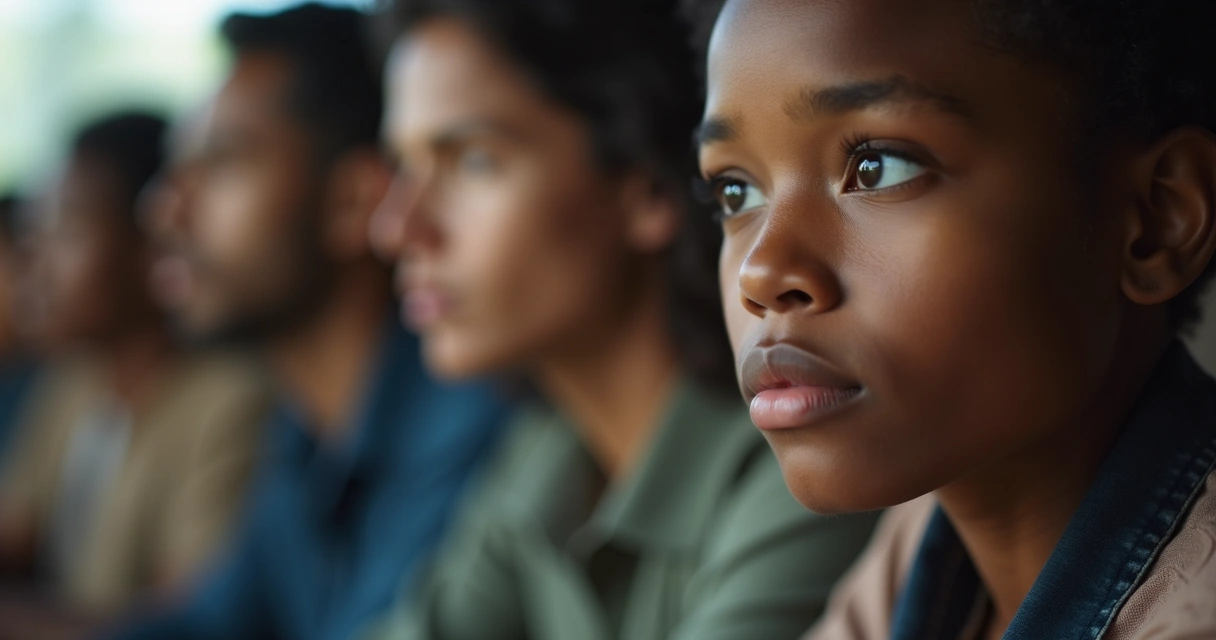 Close-up of a thoughtful individual looking away, with a blurred background of a diverse group