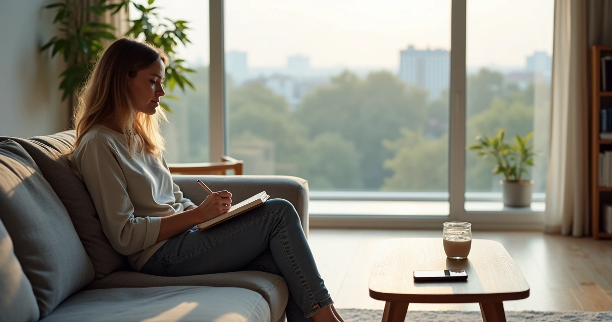 Adult sitting by large window journaling and reflecting alone 
