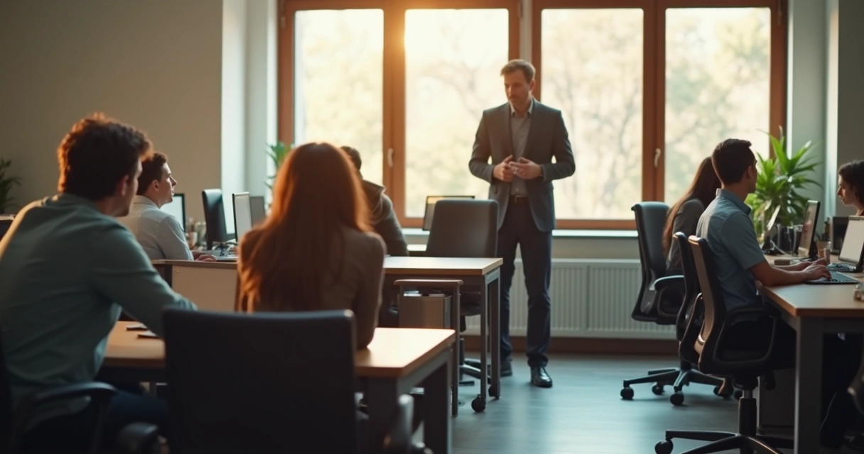 Team in an office, atmosphere changes as a person enters, colleagues react to presence 