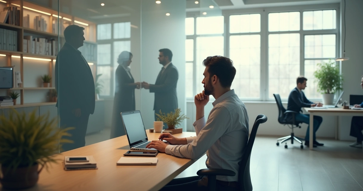 Professional at desk with shadow figures symbolizing emotional inheritance 