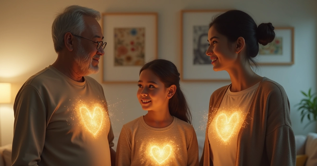 Three generations of a family connected by glowing emotional threads 