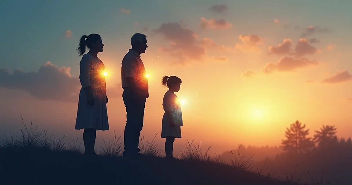 Silhouettes of three generations holding hands with emotional patterns flowing between them 