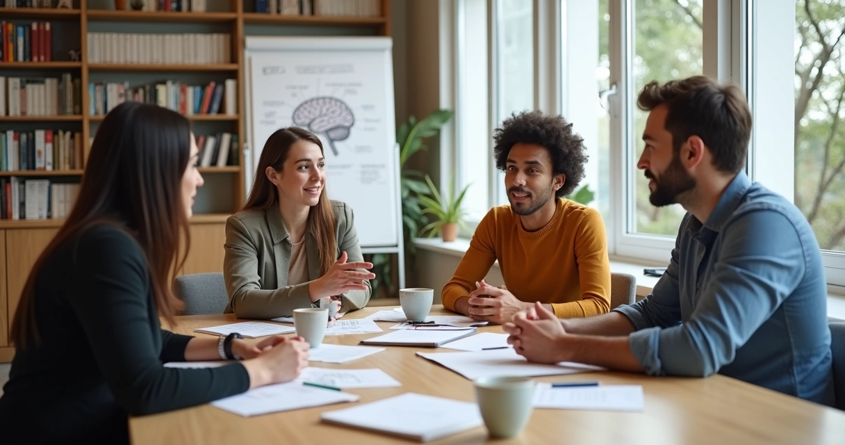 People in discussion around a table, analyzing thoughts together. 