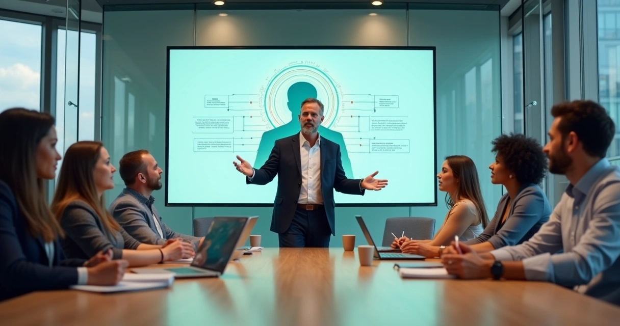 Business leader guiding a diverse team through organizational change with emotional connection visuals 
