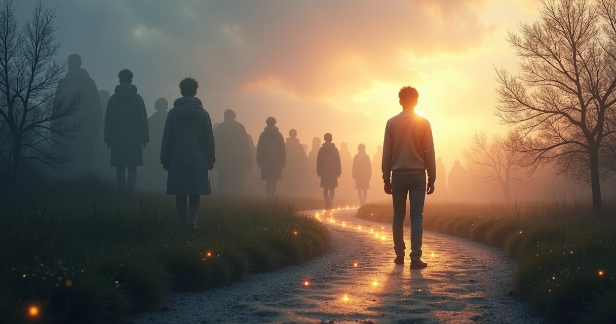 Person standing on a path with fading fragmented shadows behind 