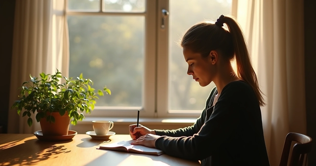 Person journaling at a wooden desk, soft morning light, relaxed posture