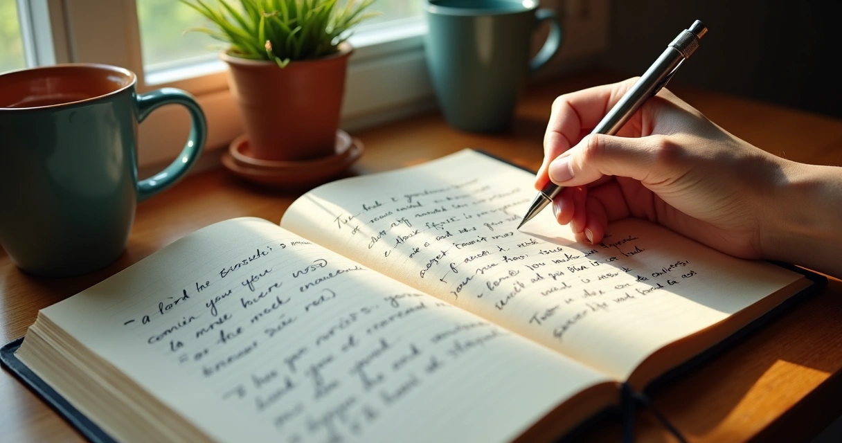 Notebook on a wooden desk, with handwritten notes about emotions and personal reflections in clear, soft light. A hand gently rests on the page, surrounded by a warm mug and a peaceful plant, expressing mindful self-exploration.