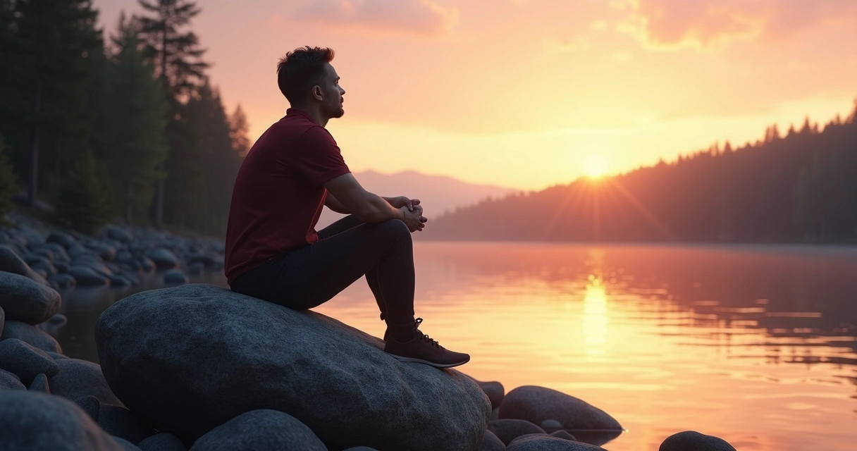 Person reflecting quietly during sunset in tranquil nature. 
