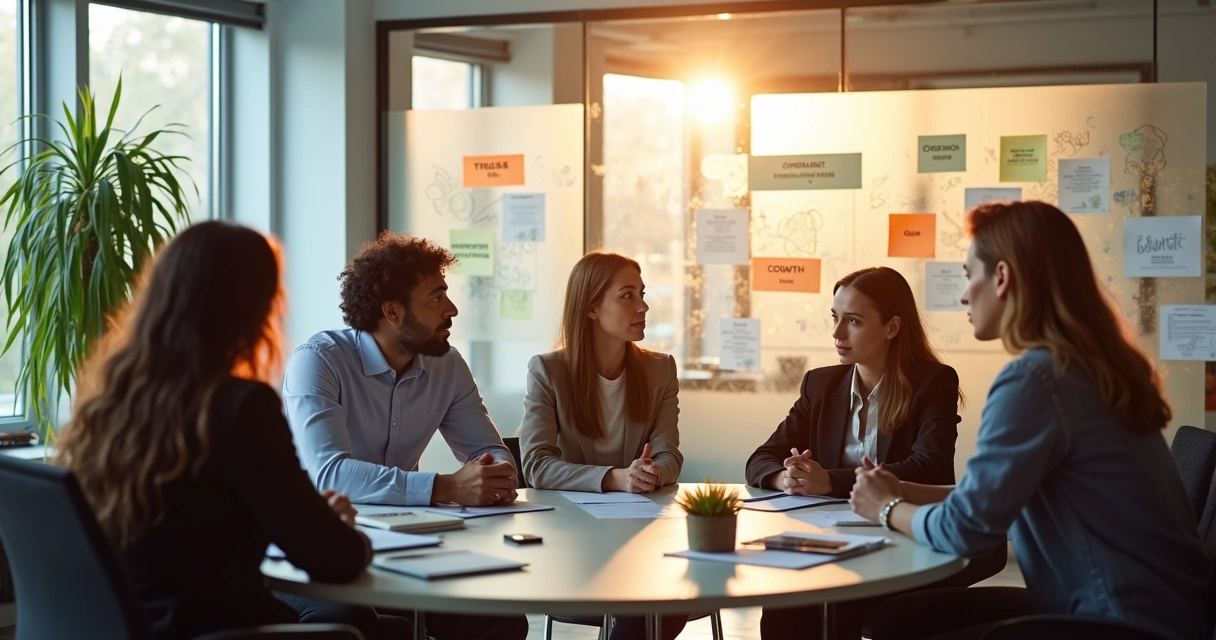 Team in modern office discussing emotions at work