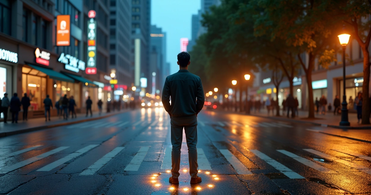 Person at city crossroads choosing a calm path of light 