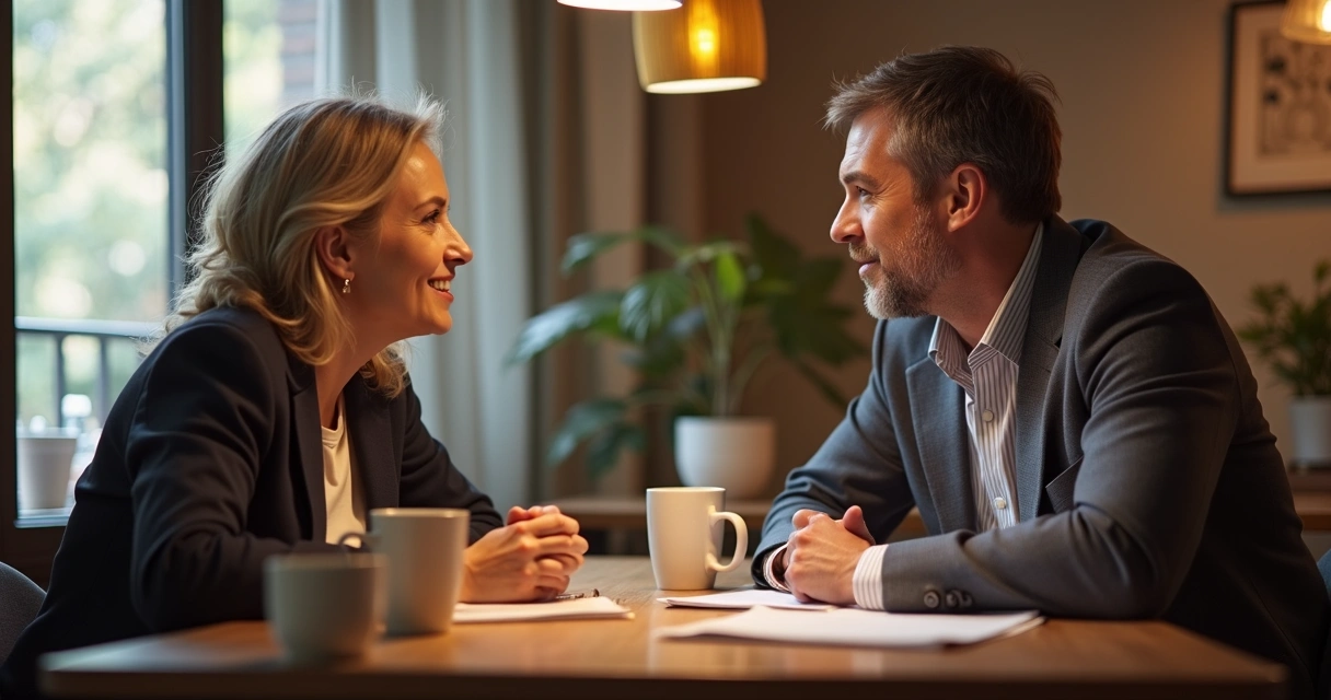 Two adults having a respectful conversation, calm expressions, seated at a table with notepads and coffee mugs 