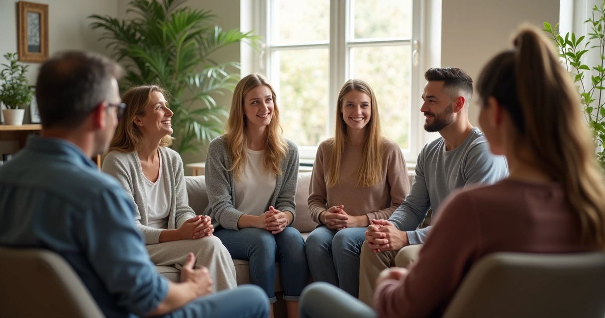People sitting in a bright room having a thoughtful discussion 