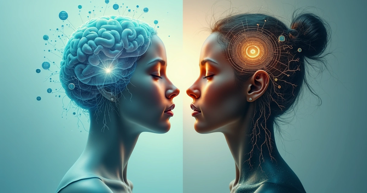 Split portrait showing emotional intelligence on one side and deep emotional maturity on the other 