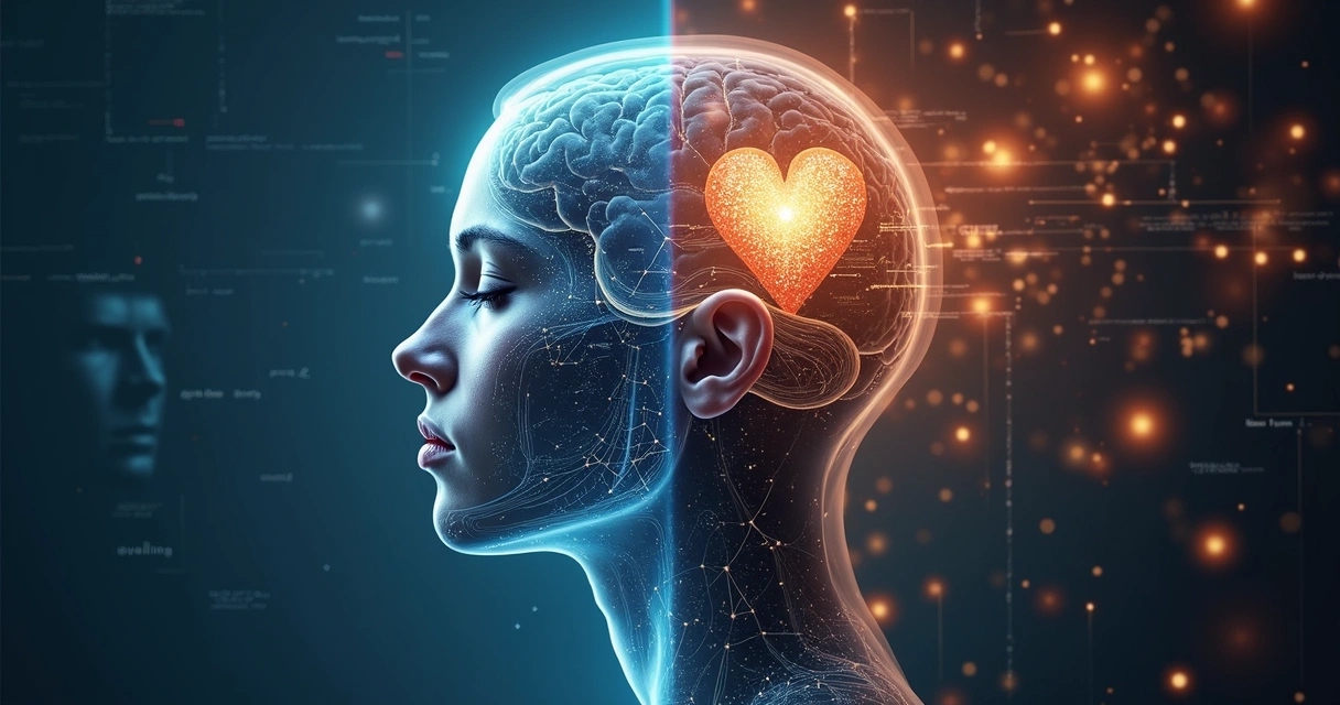 Split face with brain and heart symbolizing rational thinking and emotional intelligence 